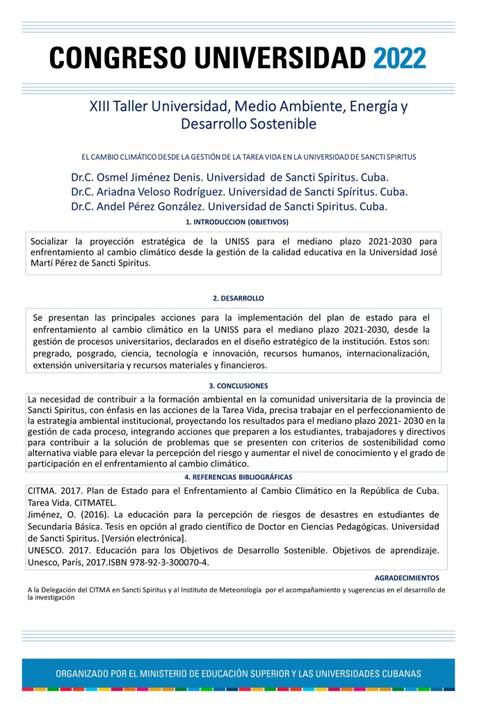 CLIMATE CHANGE FROM THE MANAGEMENT OF THE LIFE TASK AT THE UNIVERSITY OF SANCTI SPIRITUS