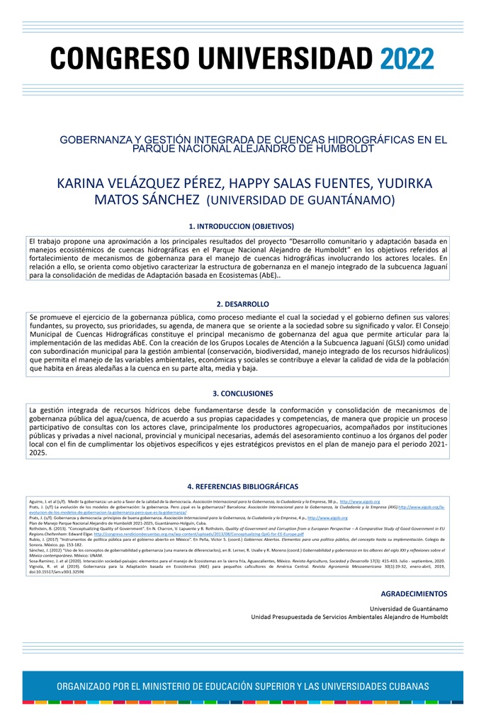 GOVERNANCE AND INTEGRAL MANAGEMENT OF HYDRAULICS BASINS IN ALEJANDRO OF HUMBOLDT NACIONAL PARK.