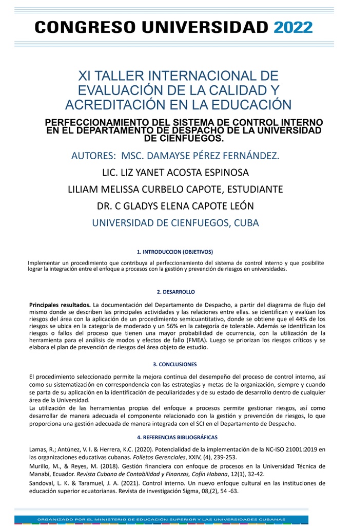 Title: Improvement of the internal control system in the Dispatch Department of the University of Cienfuegos.