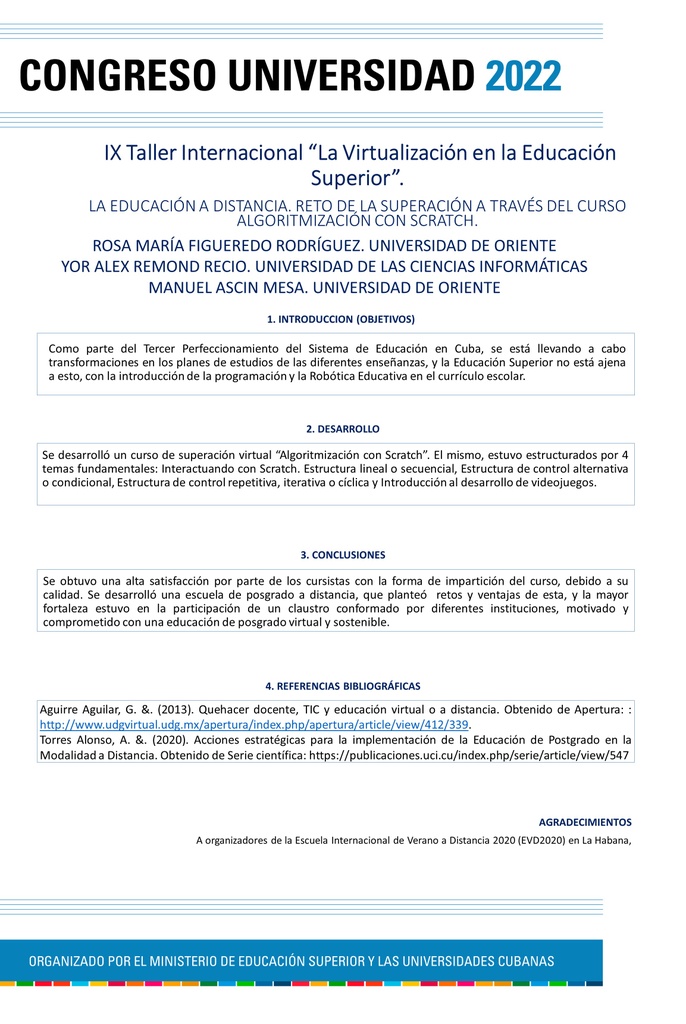 DISTANCE EDUCATION. CHALLENGE OF OVERCOMING THROUGH THE ALGORITHMIZATION COURSE WITH SCRATCH.