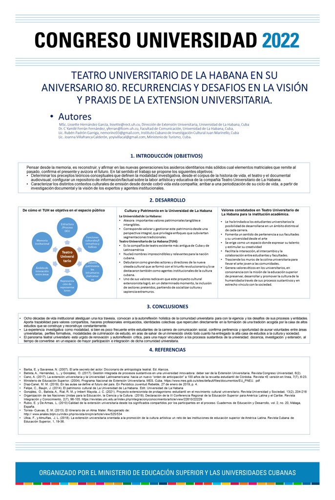 UNIVERSITY THEATER OF HAVANA ON ITS 80TH ANNIVERSARY. CHALLENGES  AND RECURRENCES IN THE VISION AND PRAXIS OF UNIVERSITY EXTENSION.